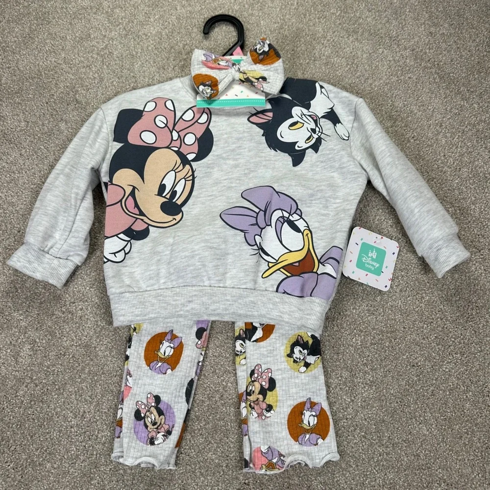 Disney Baby Toddler 18M 3pc Set Gray Minnie Daisy Figaro Sweatshirt Leggings Bow